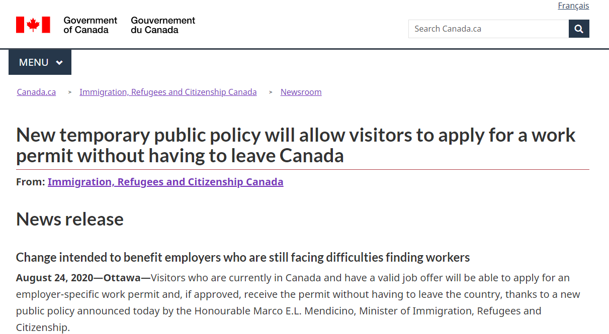 【利好】滞留加拿大的访客可申请工签！